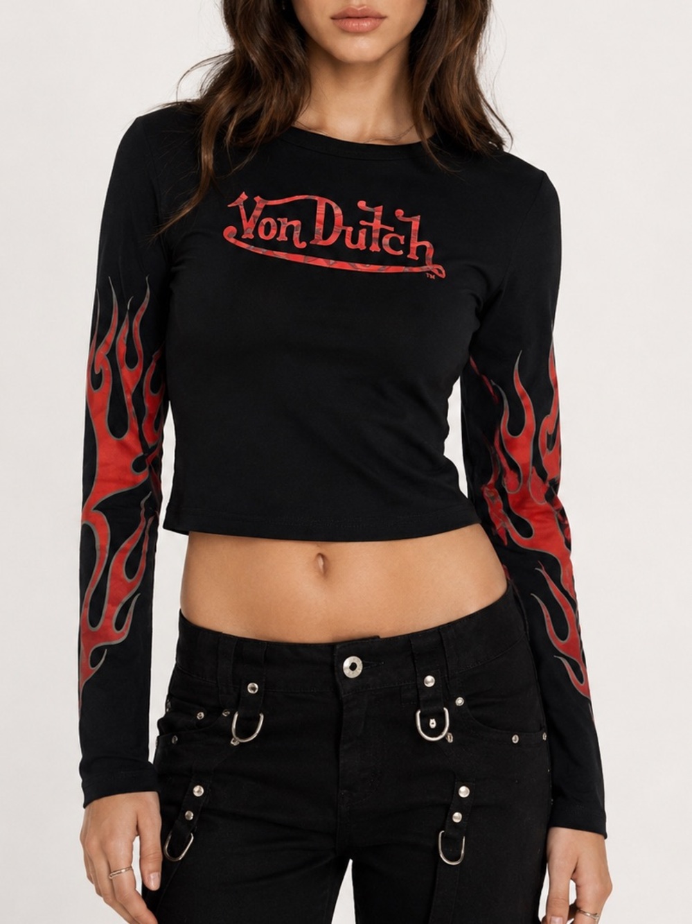 Von Dutch Long-Sleeve Cropped Top Size L Black Red Fire Cotton Y2K